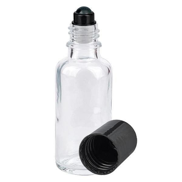 Apothekenflasche klar 30ml Roll-On Verschluss schwarz Apothekenflasche klar 30ml Roll-On Verschluss schwarz