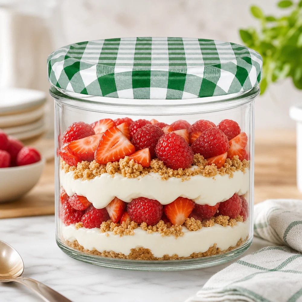 225ml Sturzglas mit grün-weißem Karodeckel als Dessertglas für Schichtdessert mit Beeren und Sahne