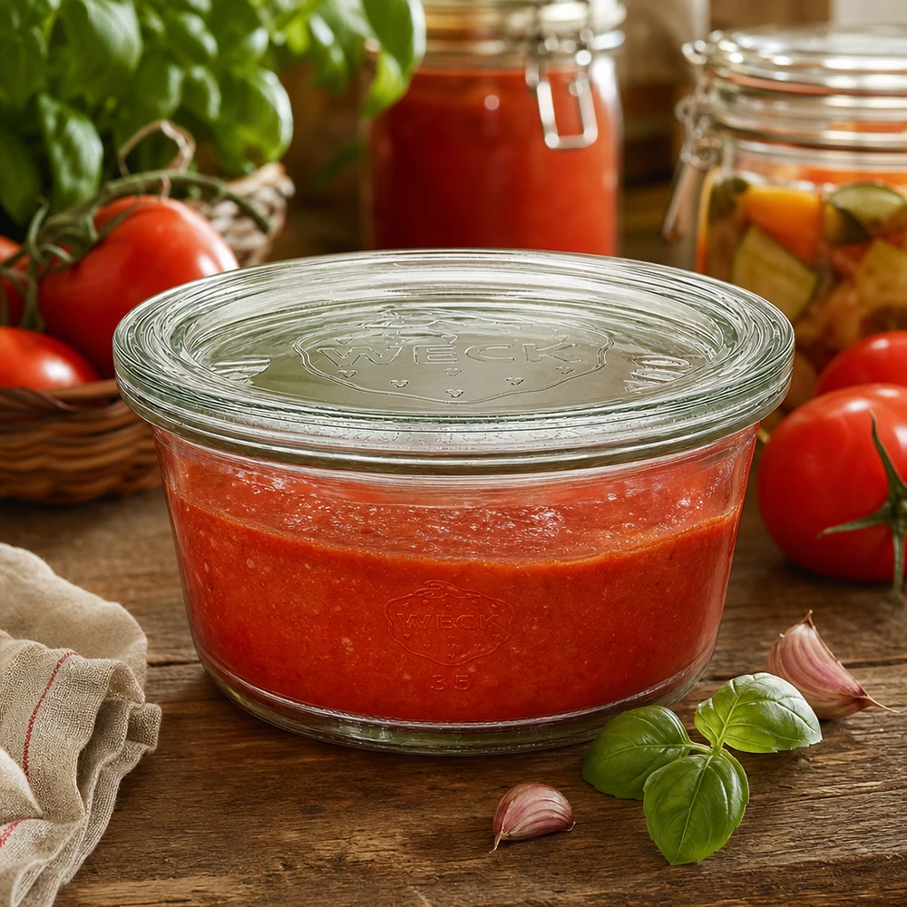 WECK RR120 Gourmetglas 450ml gefüllt mit Tomatensoße in rustikaler Küche mit frischen Zutaten und Basilikum