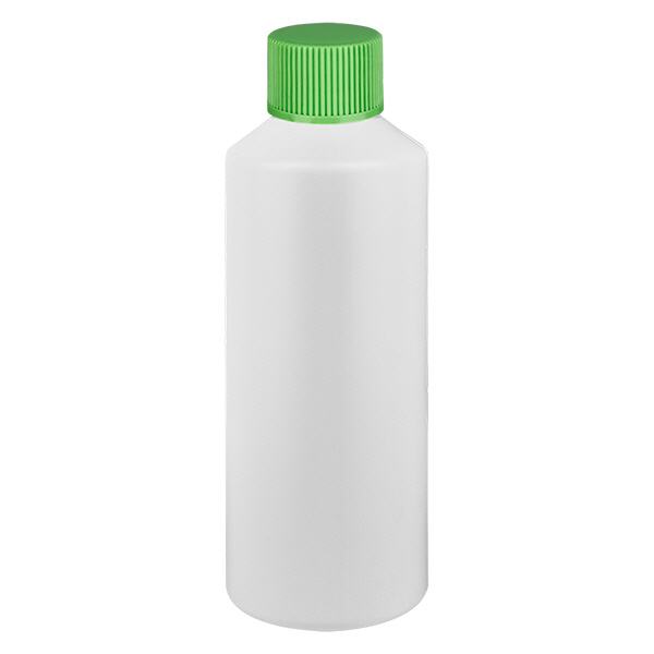 Apothekenflasche HDPE 100ml weiß, mit grünem Schraubverschluss Apothekenflasche HDPE 100ml weiß, mit grünem Schraubverschluss