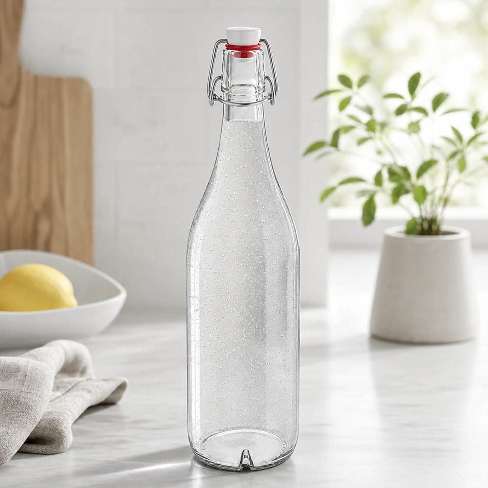 1000ml Glasflasche mit Bügelverschluss PVC UNiTWIST gefüllt mit Sprudelwasser in moderner Küche Lifestyle