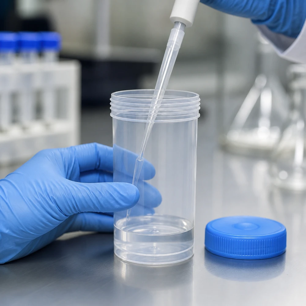 Universal Kunststoffdose (Pathogefäss) 100ml Universaldose 100ml für Urin und Gewebeproben mit Schraubverschluss in Laborumgebung