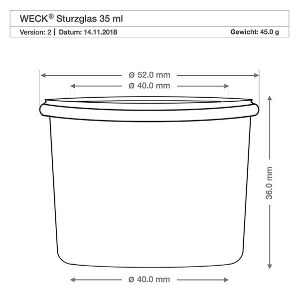 35ml Sturzglas WECK RR40 mit Korken natur WECK Sturzglas RR40 35ml technische Zeichnung mit Maßangaben Durchmesser 40mm Höhe 36mm Gewicht 45g Spezifikation
