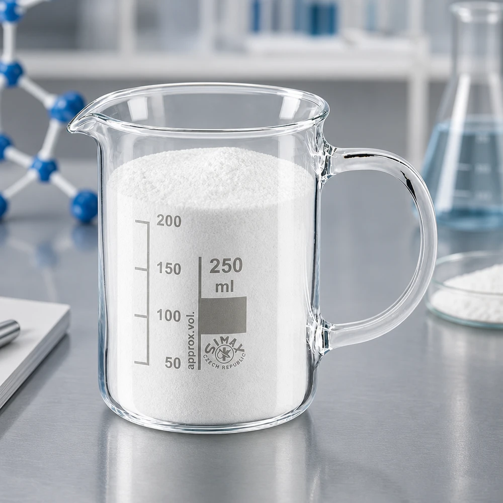 Becherglas 250ml Borosilikatglas, mit Henkel Graduiertes Becherglas 250ml mit Henkel und weißer Substanz in professioneller Laborumgebung