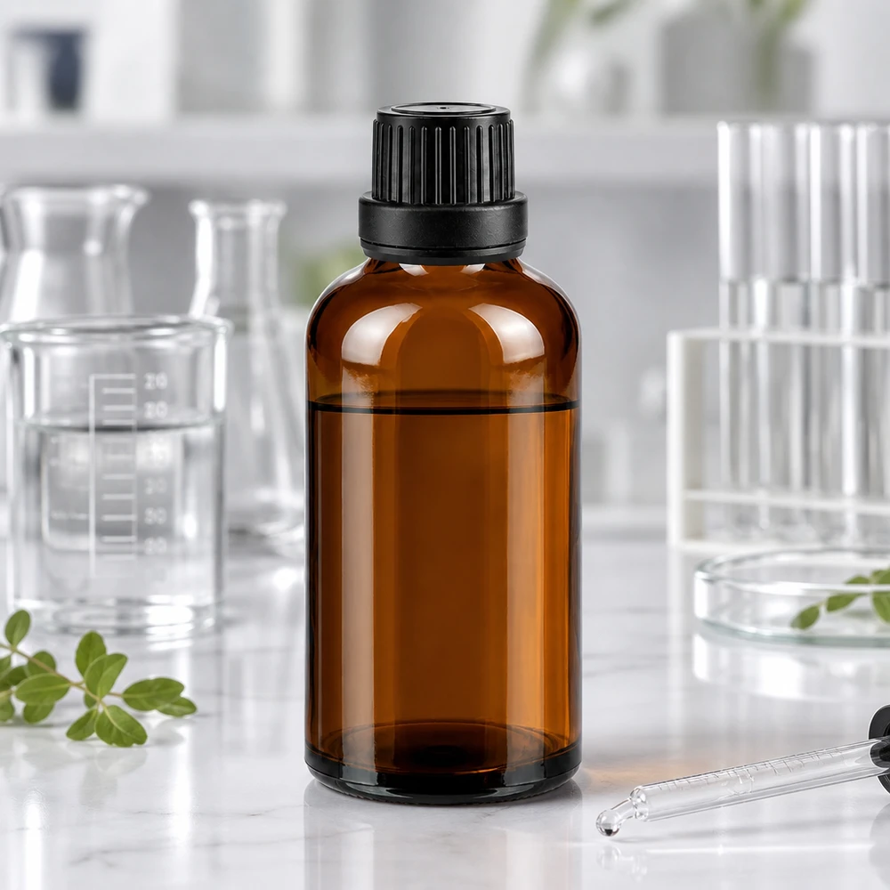 Apothekenflasche braun 50ml Schraubverschluss schwarz Dichteinlage Originalitätsverschluss Braunglas Flasche 50ml mit kindersicherem Schraubverschluss schwarz neben Laborglasgeräten