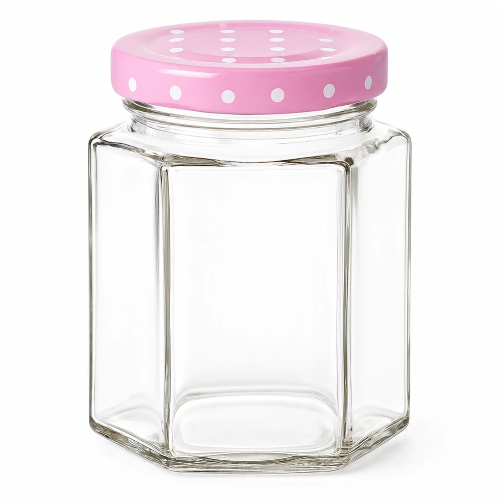 196ml Hexaglas + BasicSeal Deckel Punkte rosa UNiTWIST 196ml Hexaglas mit rosa Punktedeckel BasicSeal UN-konform sechseckiges Einmachglas für Marmelade und Honig