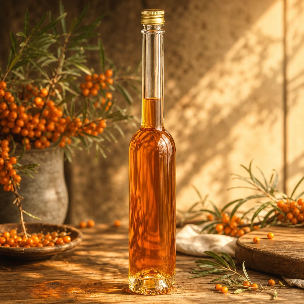 100ml Glasflasche "Toni" mit Schraubverschluss gold UNiTWIST Glasflasche Toni 100ml mit Sanddornöl befüllt - edle Präsentation für hausgemachte Liköre und Essenzen