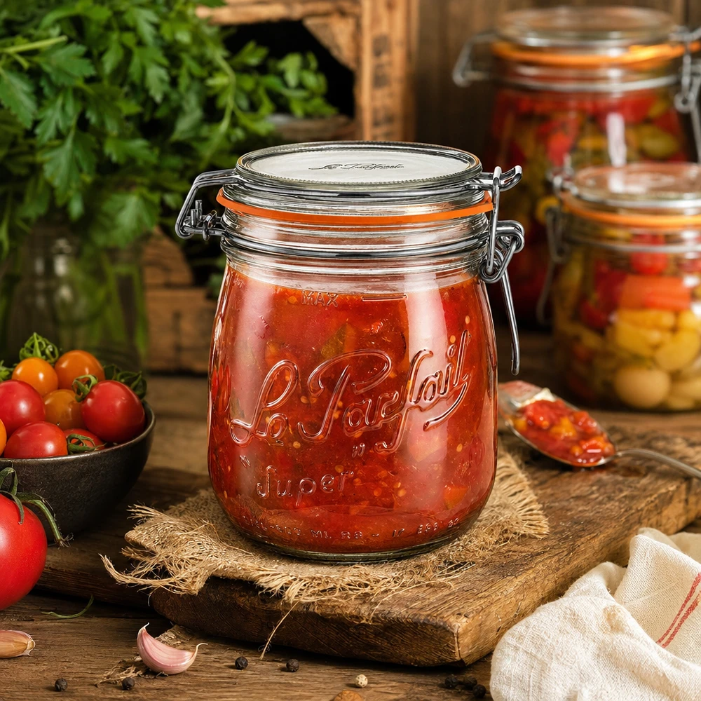 750ml Le Parfait Super Vorratsglas mit Bügelverschluss gefüllt mit Tomatensoße auf rustikalem Holztisch