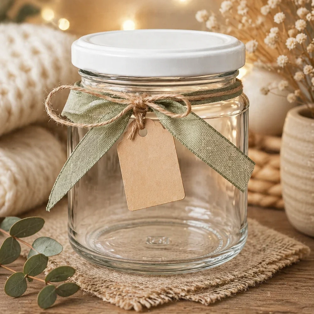 212ml Rundglas mit weißem BasicSeal Deckel dekorativ mit Schleife und Geschenkanhänger - perfekt für Geschenke