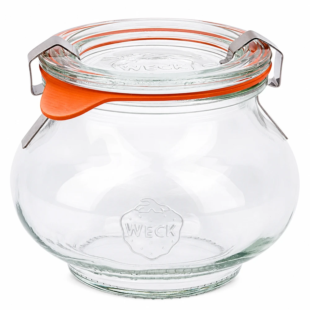 WECK Schmuckglas 220ml RR60 mit Glasdeckel und orangem Gummiring, rundes Einmachglas mit Bügelverschluss