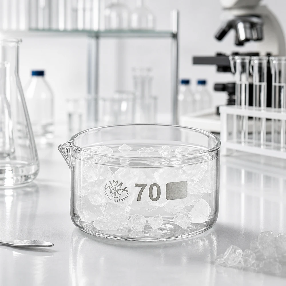 100ml Kristallisierschale mit Ausguss Borosilikat ø70mm Simax Kristallisierschale 70mm Durchmesser mit Eisstücken in professioneller Laborumgebung