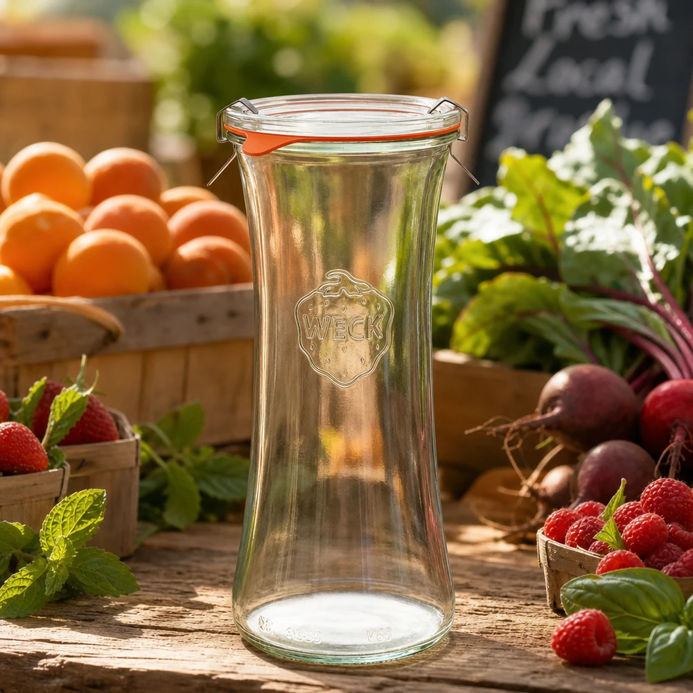 700ml Delikatessenglas komplett WECK RR80 WECK RR80 Delikatessenglas 700ml leer auf Holztisch mit frischen Beeren, Orangen und Gemüse in natürlichem Licht