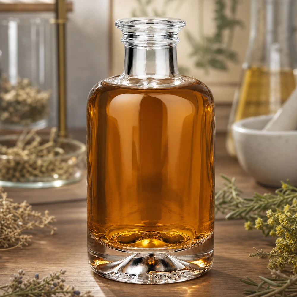 100ml Glasflasche "Sofia" ohne Verschluss UNiTWIST 100ml Glasflasche Sofia mit bernsteinfarbenem Öl in rustikaler Küchenszene mit getrockneten Kräutern und Mörser