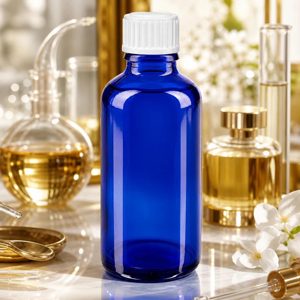 Kobaltblaue Apothekerflasche 50ml weißer Verschluss in elegantem Parfüm-Setting