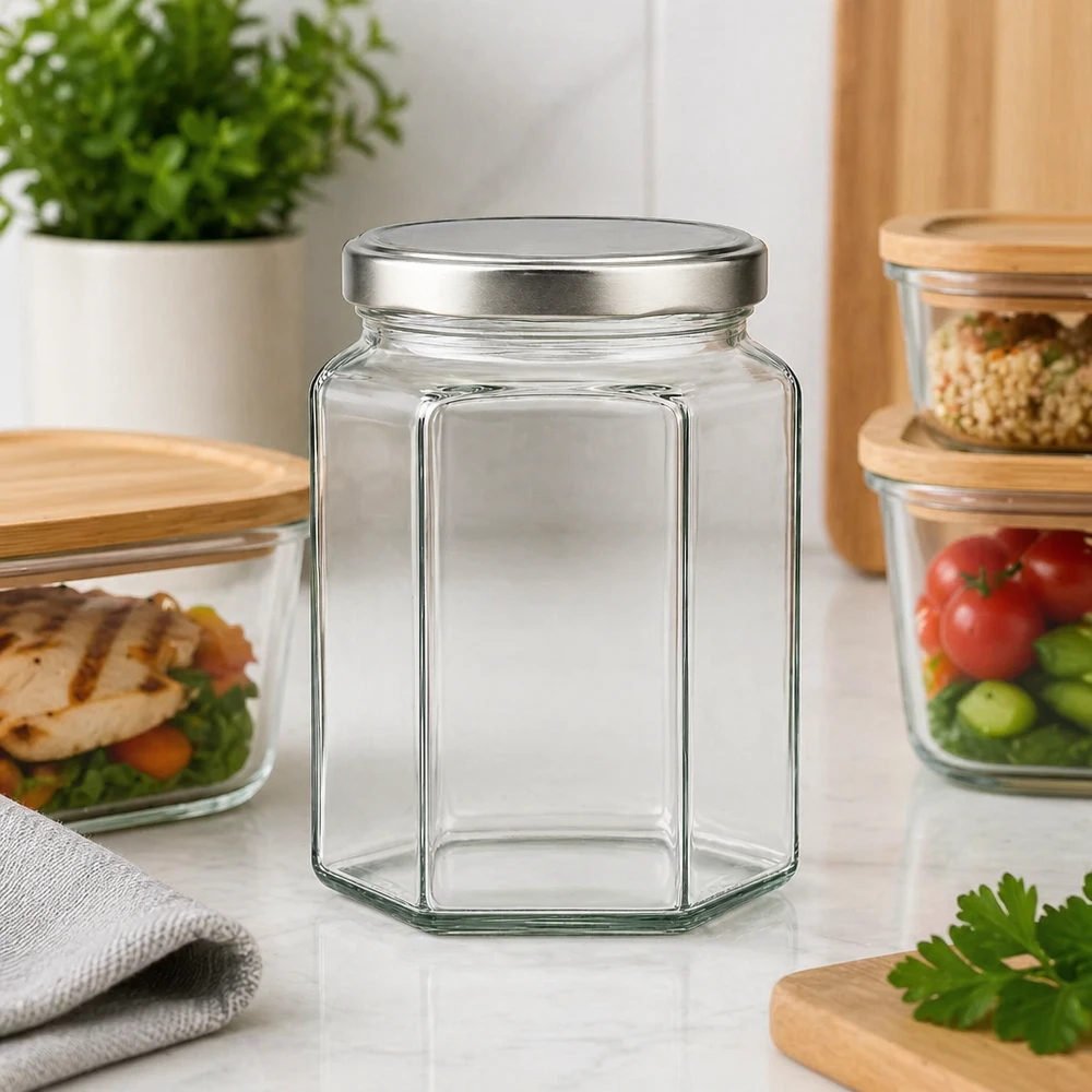 288ml Hexaglas mit silbernem Deckel in Küche zwischen Meal-Prep-Behältern und Vorratsgläsern arrangiert