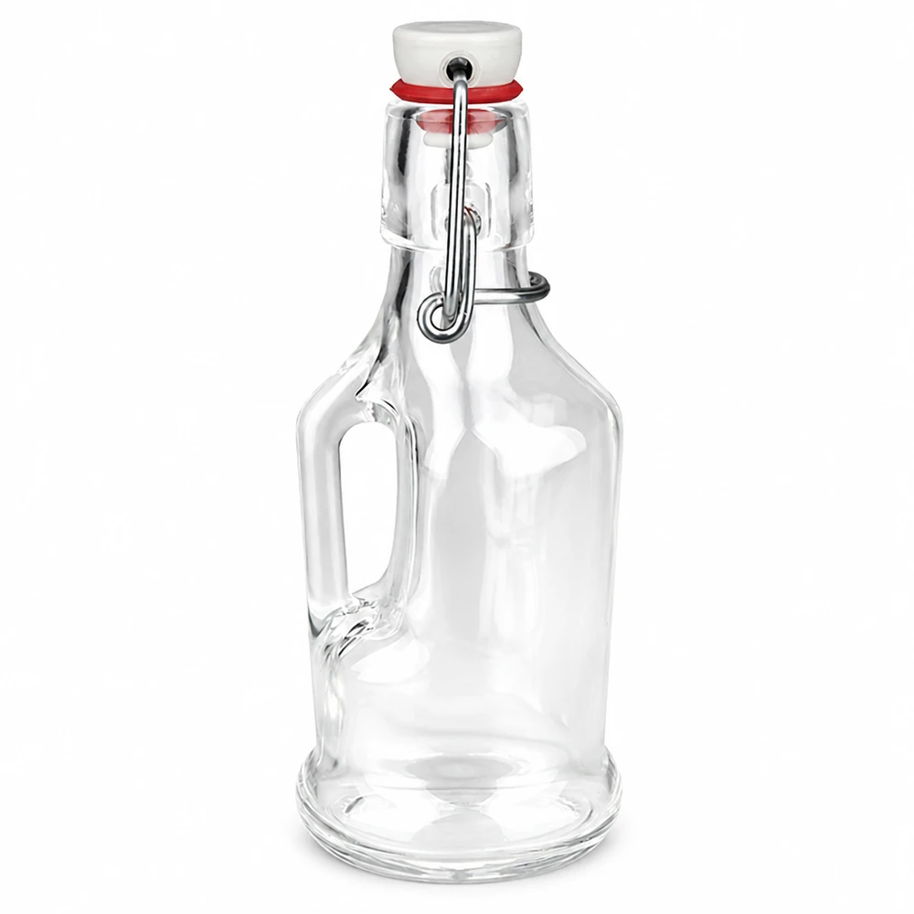 200ml Glasflasche Bertha mit PVC Bügelverschluss UNiTWIST, klares Glas, Henkel, weißer Keramikstopfen