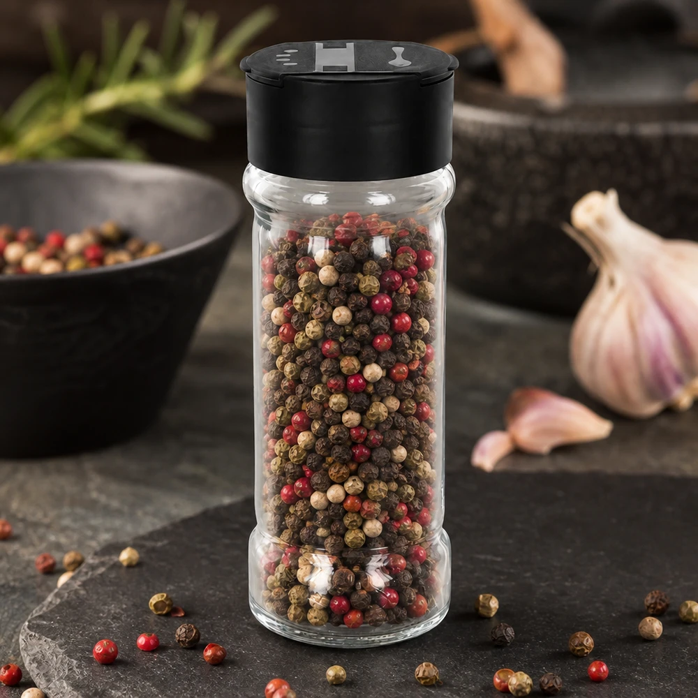 Klarglas-Gewürzflasche 100ml mit Mixed-Peppercorns und schwarzem Kunststoffverschluss