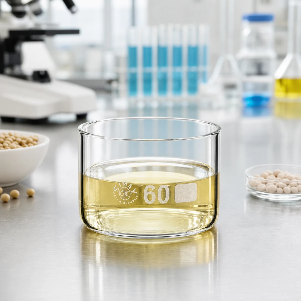 Simax Borosilikatglas Schale 60ml ø60mm mit hellgelbem Öl auf Edelstahlfläche im Labor