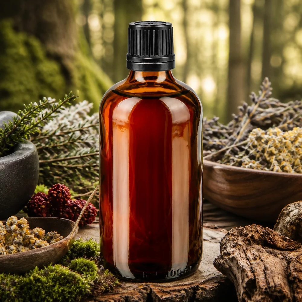 Braune 100ml ApoGlas Flasche mit 1mm Tropfeinsatz auf Baumrinde zwischen getrockneten Heilkräutern