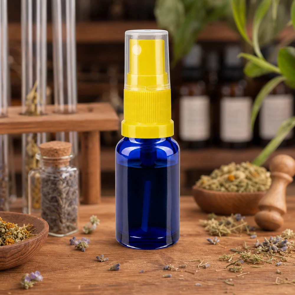 Blaukobalt Glasflasche 30ml mit Zerstäuber auf Holzuntergrund neben Lavendel und Kräuterschalen