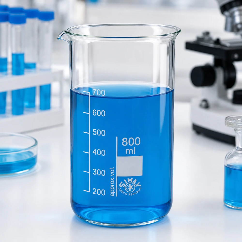 Becherglas 800ml Borosilikatglas, hohe Form SIMAX Borosilikatglas-Becher 800ml hohe Form mit weißer Milliliterskalierung auf Labortisch