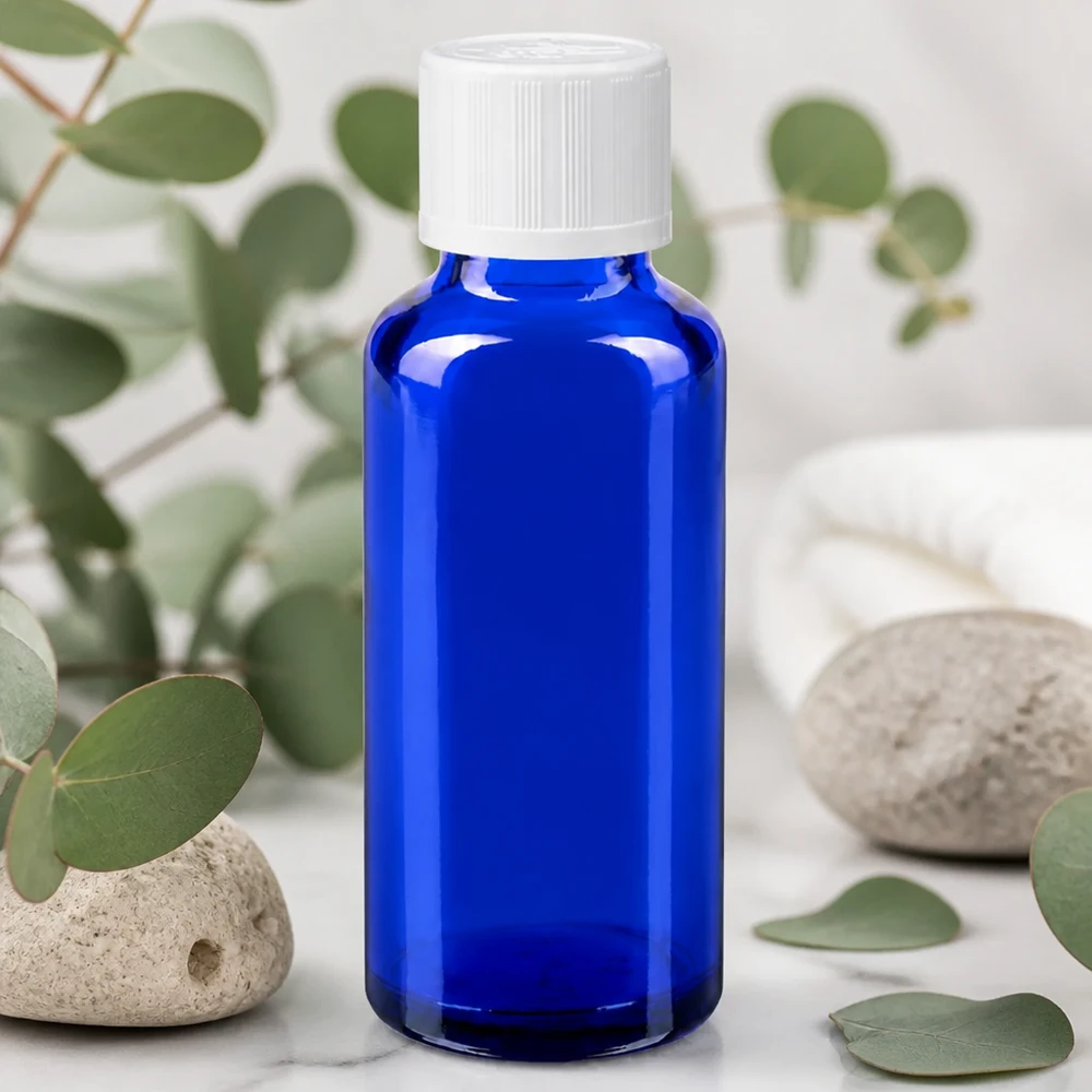 Apothekenflasche blau 30ml Tropfverschluss weiß Kindersicherung Standard Blaue Glasflasche 30ml mit kindersicherem Schraubverschluss und Tropfeinsatz 1,2mm für ätherische Öle
