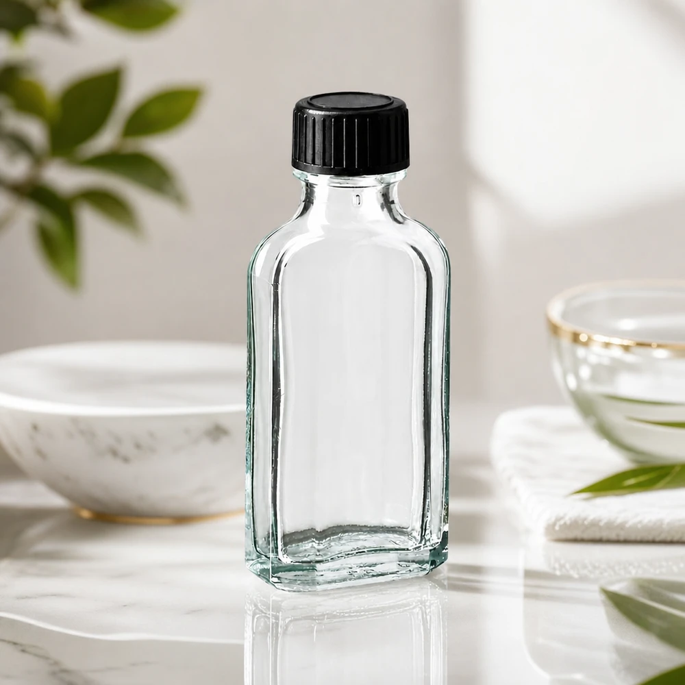 50 ml Meplat klar Schraubverschluss mit EPE-Dichtscheibe Leere transparente Meplat Flasche 50 ml mit EPE-Dichtscheibe für ätherische Öle
