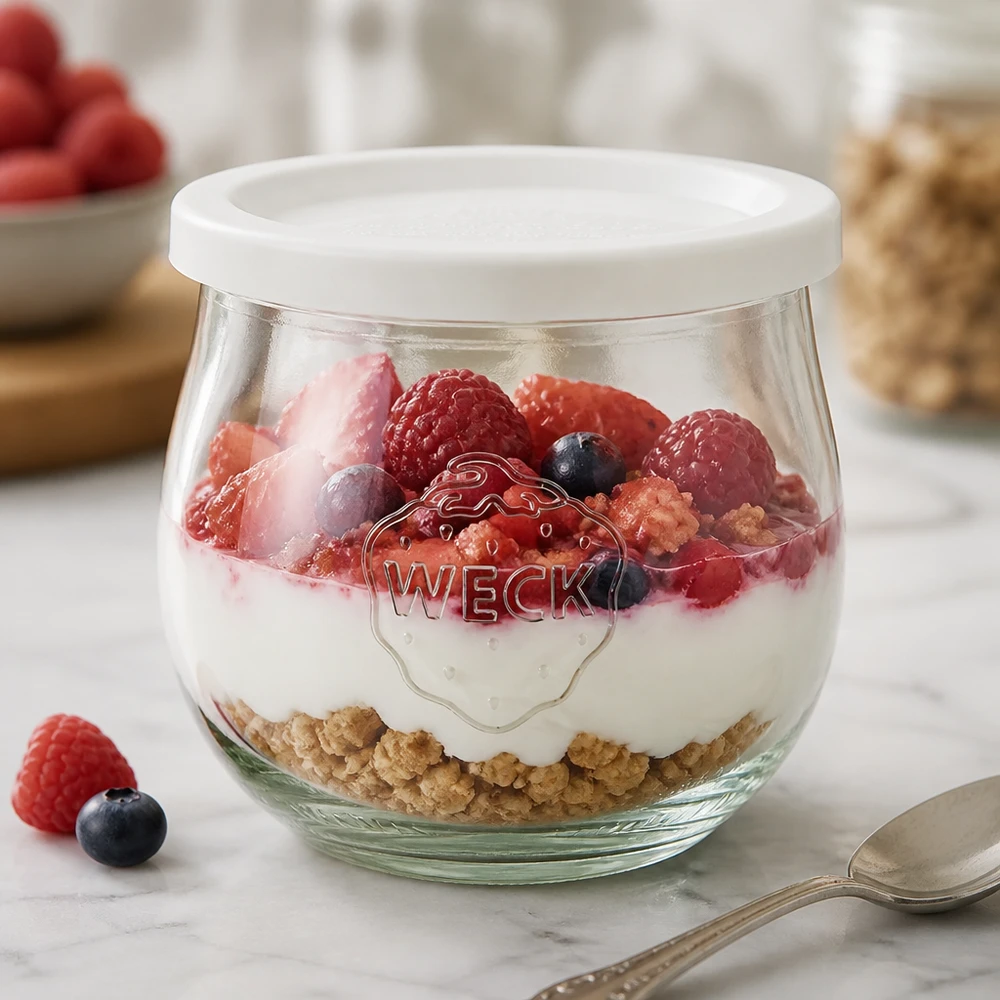 WECK Tulpenglas 370ml als Dessertschale mit Joghurt und Beeren gefüllt, weißer Frischedeckel RR80 sichtbar