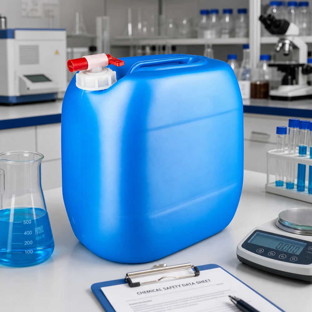 Rechteckiger Kunststoffkanister 30 Liter blau mit Auslaufhahn neben Erlenmeyerkolben