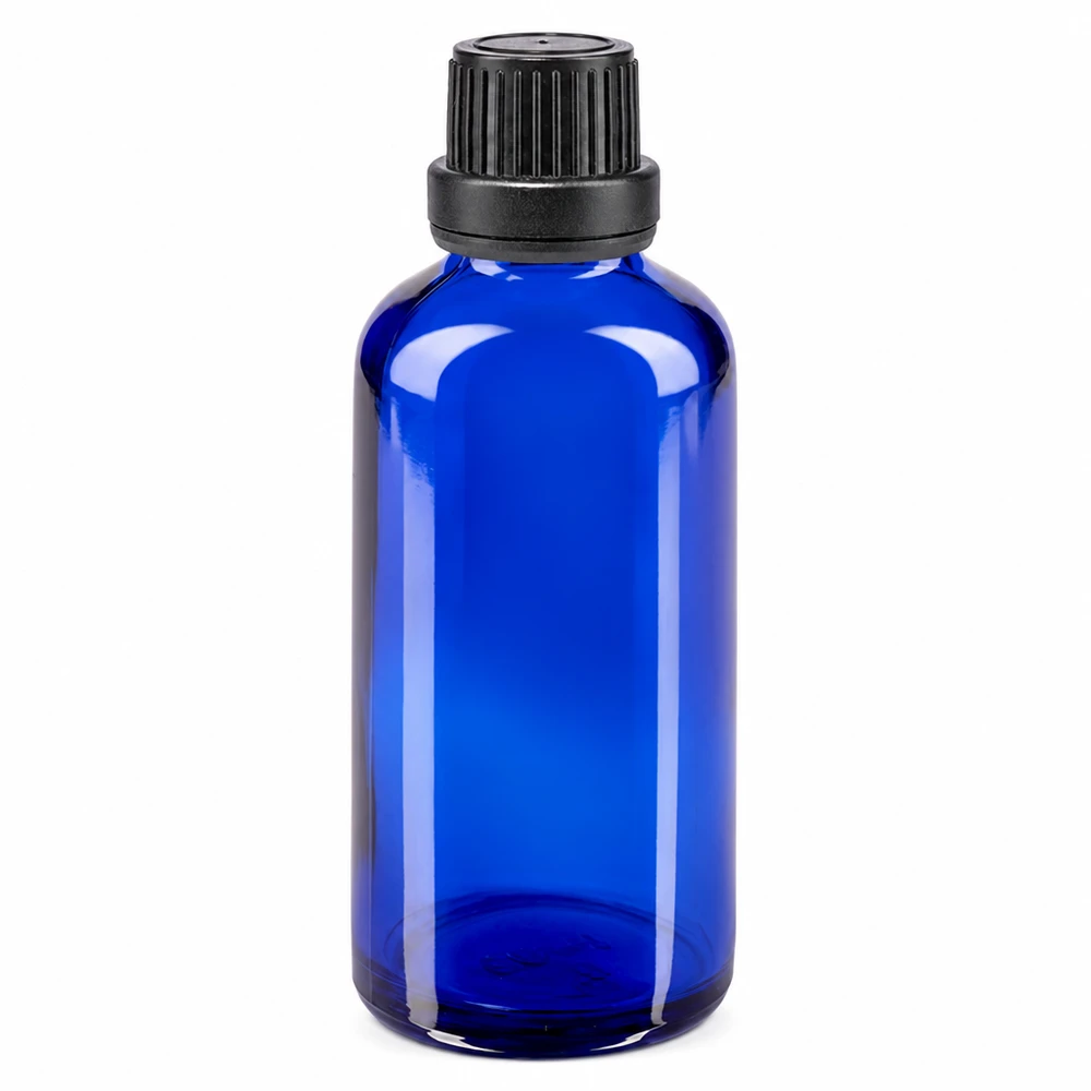 Apothekenflasche blau 50ml Tropfverschluss Giessring 2mm schwarz Originalitätsverschluss Blaue Tropfflasche 50ml aus hochwertigem ApoGlas mit kindersicherem schwarzen Schraubverschluss OV