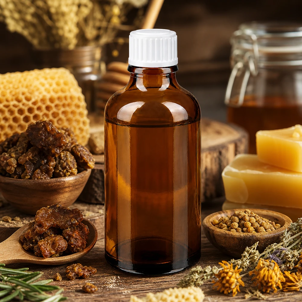 Apothekenflasche braun 50ml Schraubverschluss weiß Standard Kleine braune Apothekerflasche umgeben von Bienenprodukten Honig und Kräutern