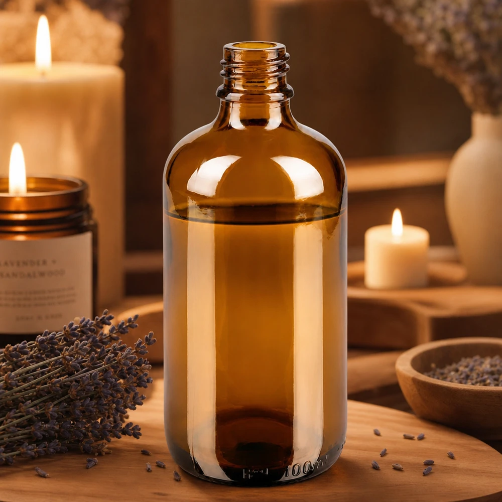 Tropfflasche 100 ml DIN 18 aus Braunglas Braune 100ml ApoGlas Apothekerflasche mit Lavendel Aromatherapie und Kerzen in warmem Ambiente auf Holz