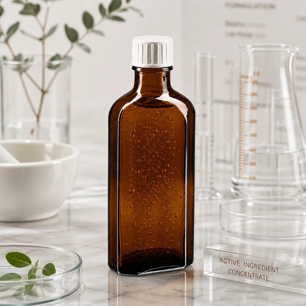 Apothekenbraune Glasflasche 100 ml mit kindersicherem Schraubverschluss und integriertem Gießring