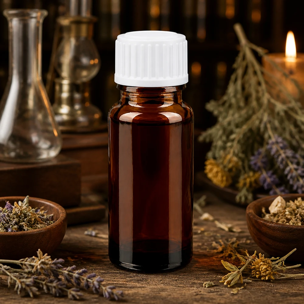 Kleine braune Glasflasche 10ml mit weißem Dosierverschluss zwischen getrockneten Kräutern
