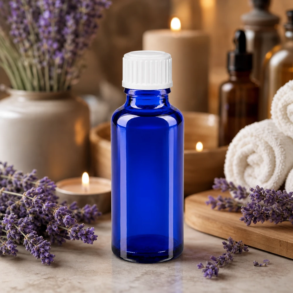 Kobaltblaue Apothekerflasche 30ml mit Tropfverschluss weiß auf Holzbrett mit Lavendel