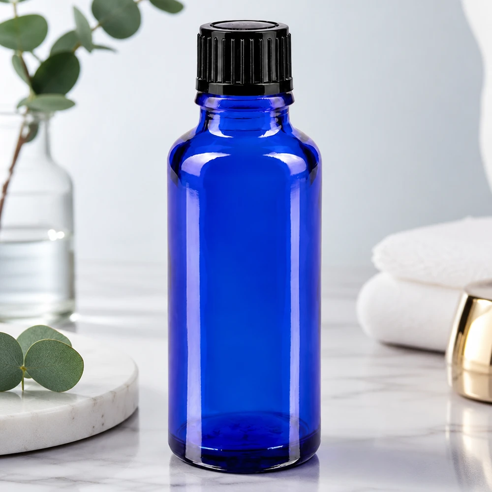 Apothekenflasche blau 30ml Schraubverschluss schwarz Standard Blaue 30ml Apothekerflasche aus UV-Schutzglas mit schwarzem 11mm Verschluss