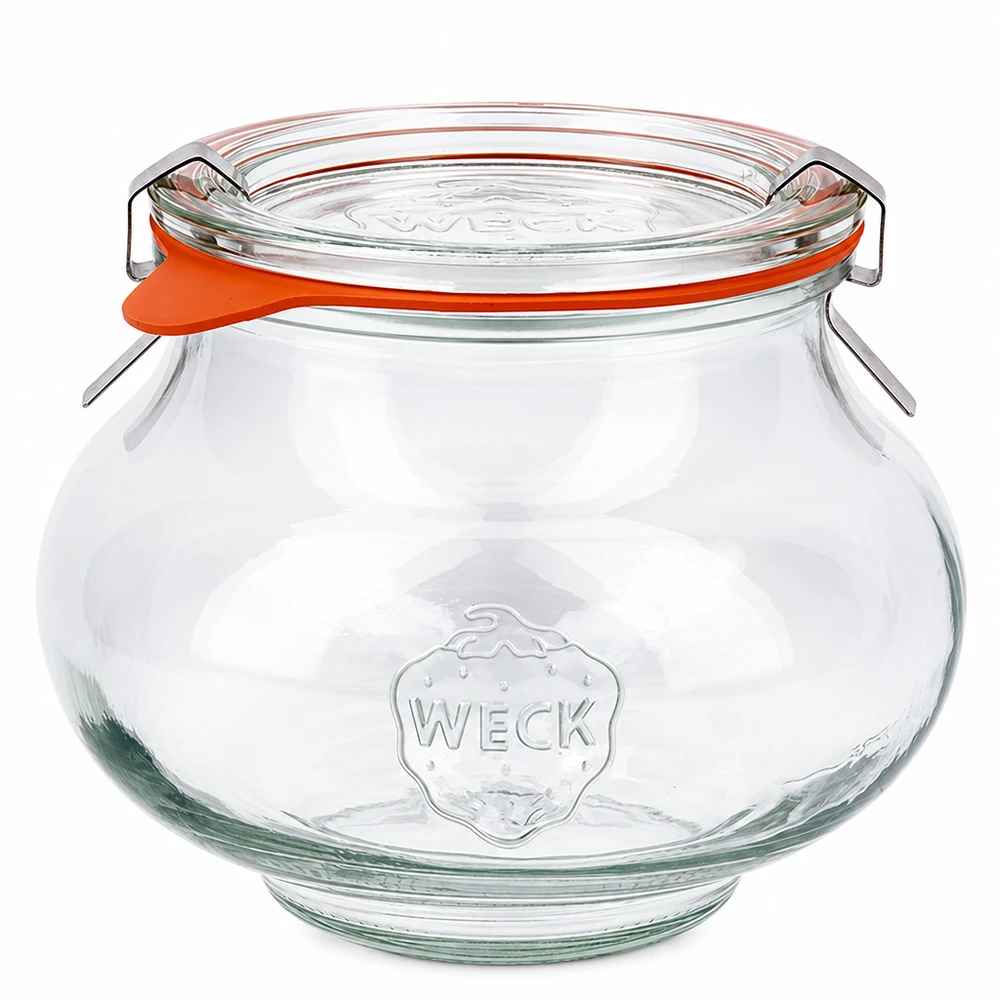 WECK Schmuckglas 560ml mit Glasdeckel und Gummiring, bauchige Form, Einmachglas mit Bügelverschluss RR80