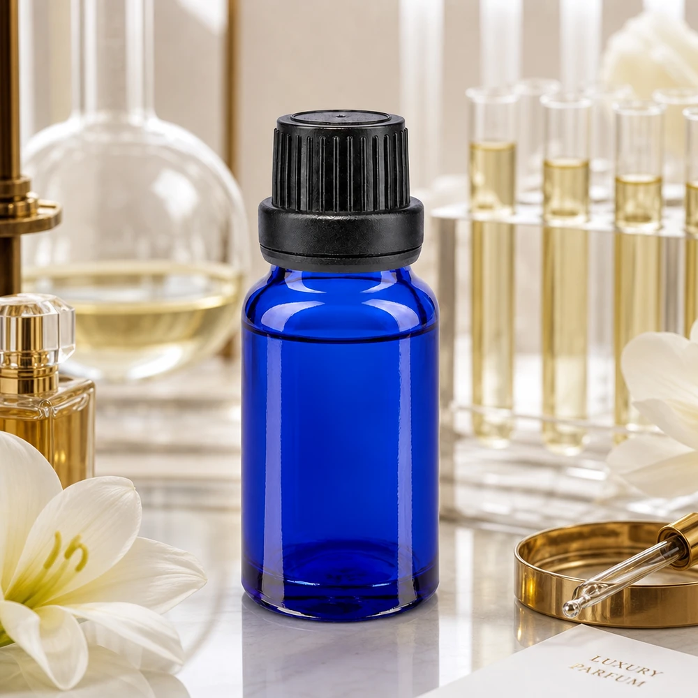 Dunkelblaue 10ml Flasche aus hochwertigem ApoGlas mit kindersicherem OV-Verschluss und Präzisionstropfer