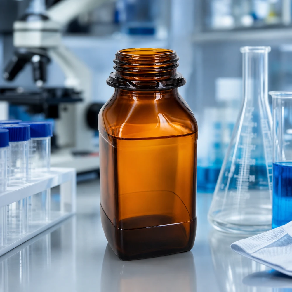 500ml Braunglas-Vorratsflasche - Ihr zuverlässiger Schutz für wertvolle Substanzen 500ml Chemikalienflasche mit quadratischer Grundform für platzsparende Lagerung im Labor