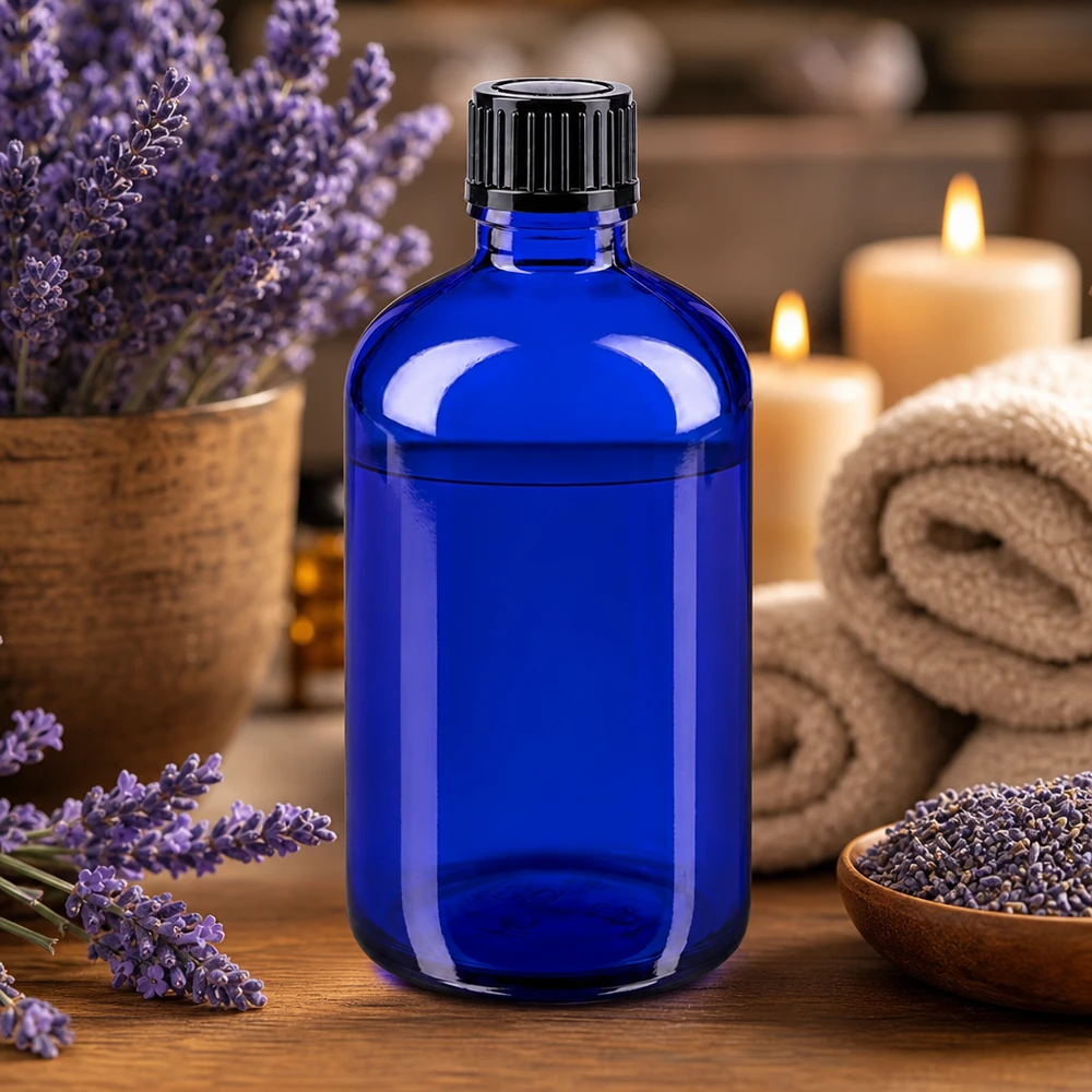 Apothekenflasche blau 100ml Schraubverschluss schwarz Standard Kobaltblaue Apothekerflasche 100ml mit Schraubverschluss für ätherische Öle