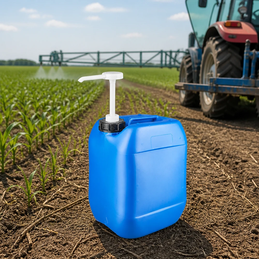 Kanister 10 Liter blau mit Dosierpumpe Robuster Kunststoffkanister 10L mit weißer Pumpe neben rotem Traktor auf Farmgelände