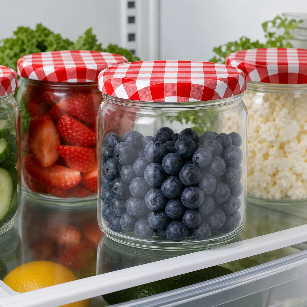 408ml Rundglas mit BasicSeal Deckel rot/weiß UNiTWIST 408ml Rundglas Kühlschrank Aufbewahrung frische Blaubeeren Erdbeeren BasicSeal Deckel rot weiß kariert Meal Prep