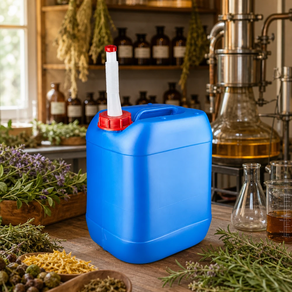 Lebensmittelechter Kunststoffkanister 20L blau mit Flex-Auslaufrohr in der Kräuterdestillerie