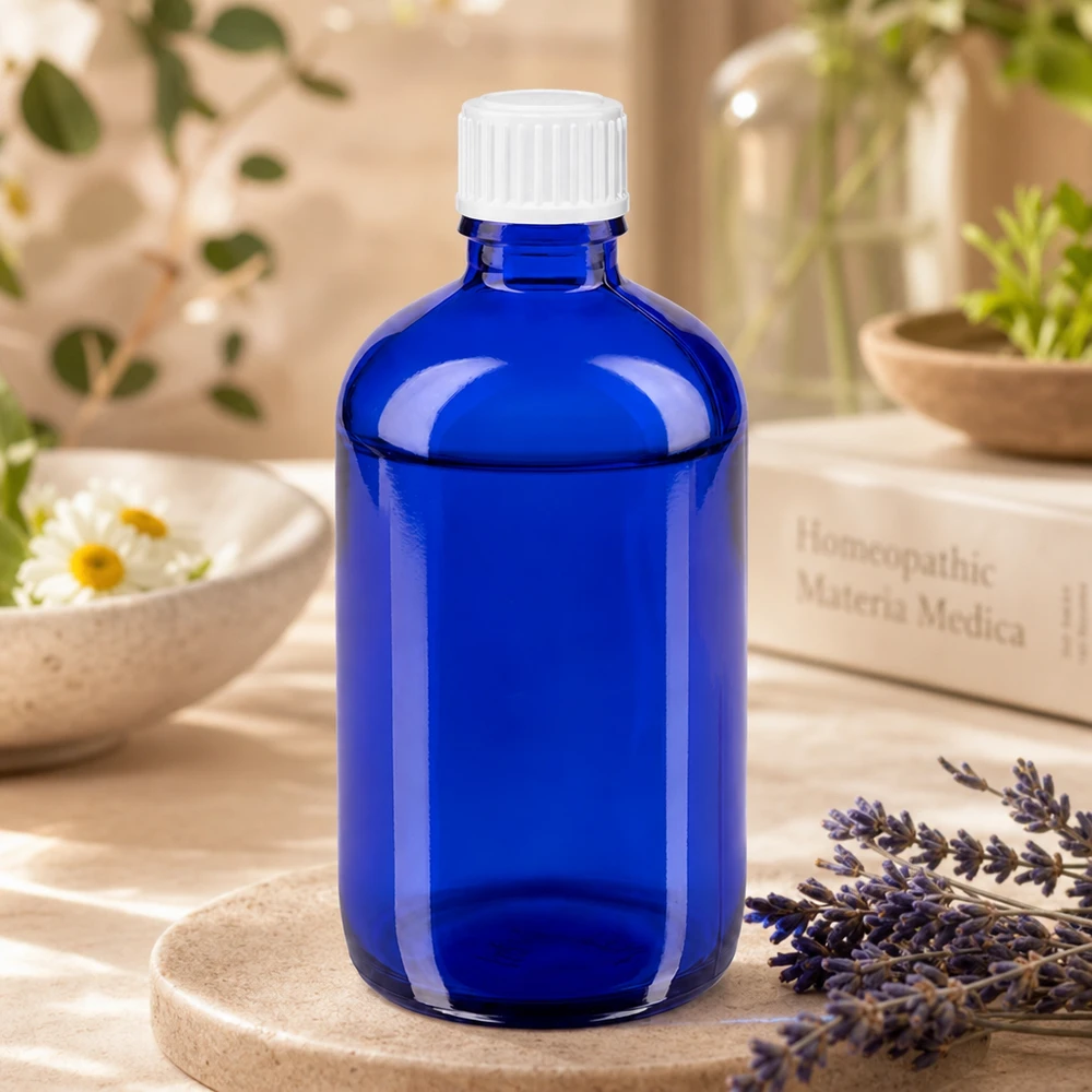 Apothekenflasche blau 100ml Schraubverschluss weiß Standard Apothekerflasche 100ml Kobaltblau mit weißem Standardverschluss 11mm für Naturheilkunde