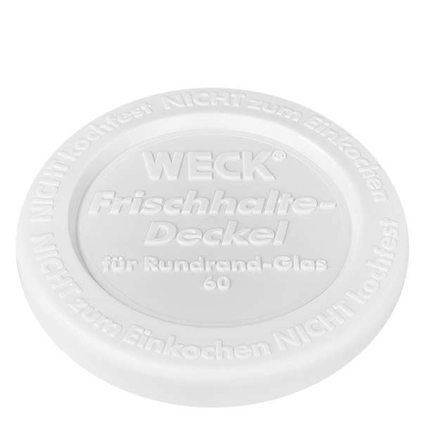 140ml Sturzglas mit Frischedeckel WECK RR60 WECK Frischedeckel weiß RR60 für 340ml Zylinderglas Deckel Nahaufnahme mit geprägtem Logo und Schriftzug