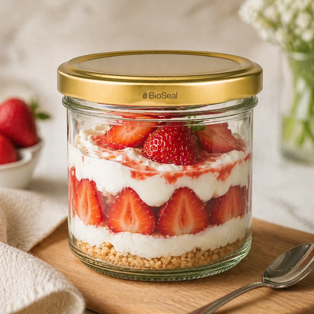 125ml Sturzglas mit BioSeal Deckel gold UNiTWIST UNiTWIST 125ml Dessertglas mit Erdbeertrifle - goldener TO66 Deckel auf Holzbrett mit Löffel und Deko