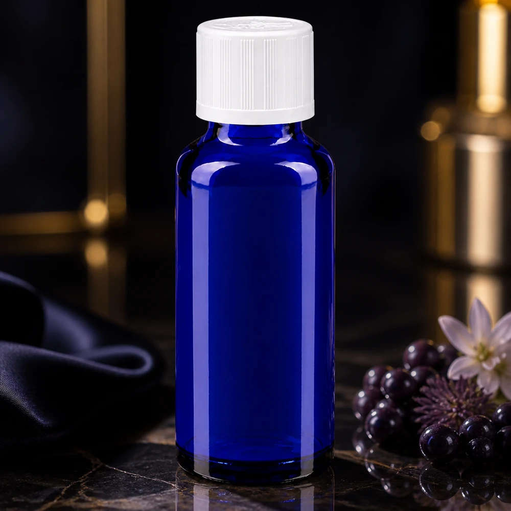 Apothekenflasche blau 30ml Schraubverschluss weiß Kindersicherung Standard Blaue Glasflasche 30ml mit weißem Schraubdeckel neben dunklen Beeren und Blüten