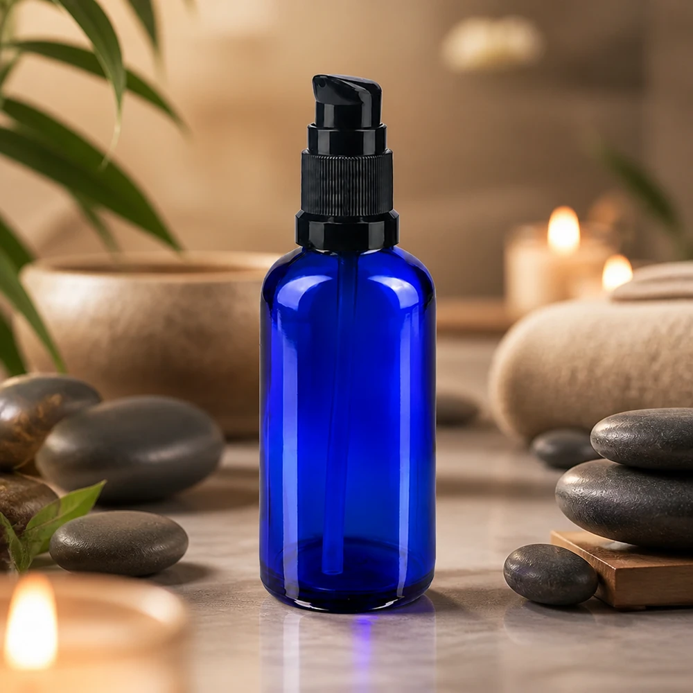 Apothekenflasche blau 50ml PumpVerschluss schwarz Standard Blaue Glasflasche 50ml mit Pumpe umgeben von Wellness-Steinen und Kerzen