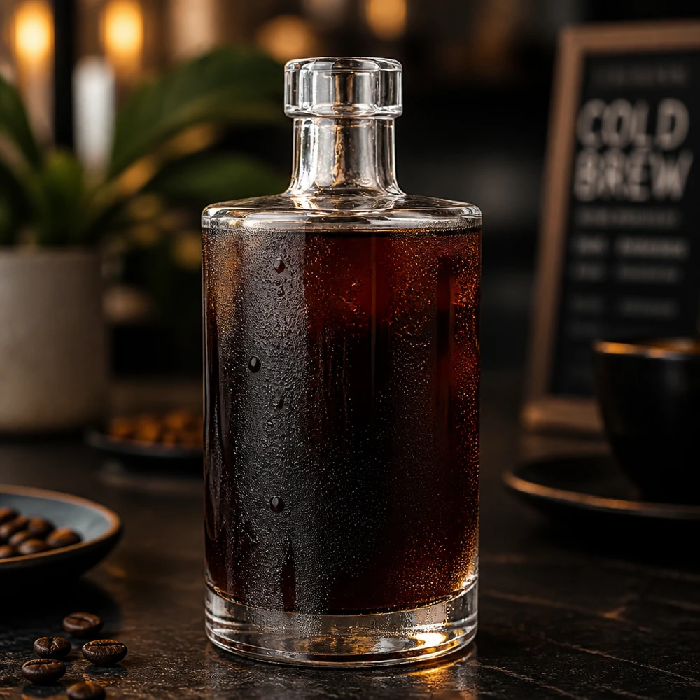 350ml Glasflasche "Marie" ohne Verschluss UNiTWIST 350ml Glasflasche Marie mit Cold Brew Kaffee befüllt Kaffeebohnen Ambiente Gastronomie Anwendung Bild 6 von 10
