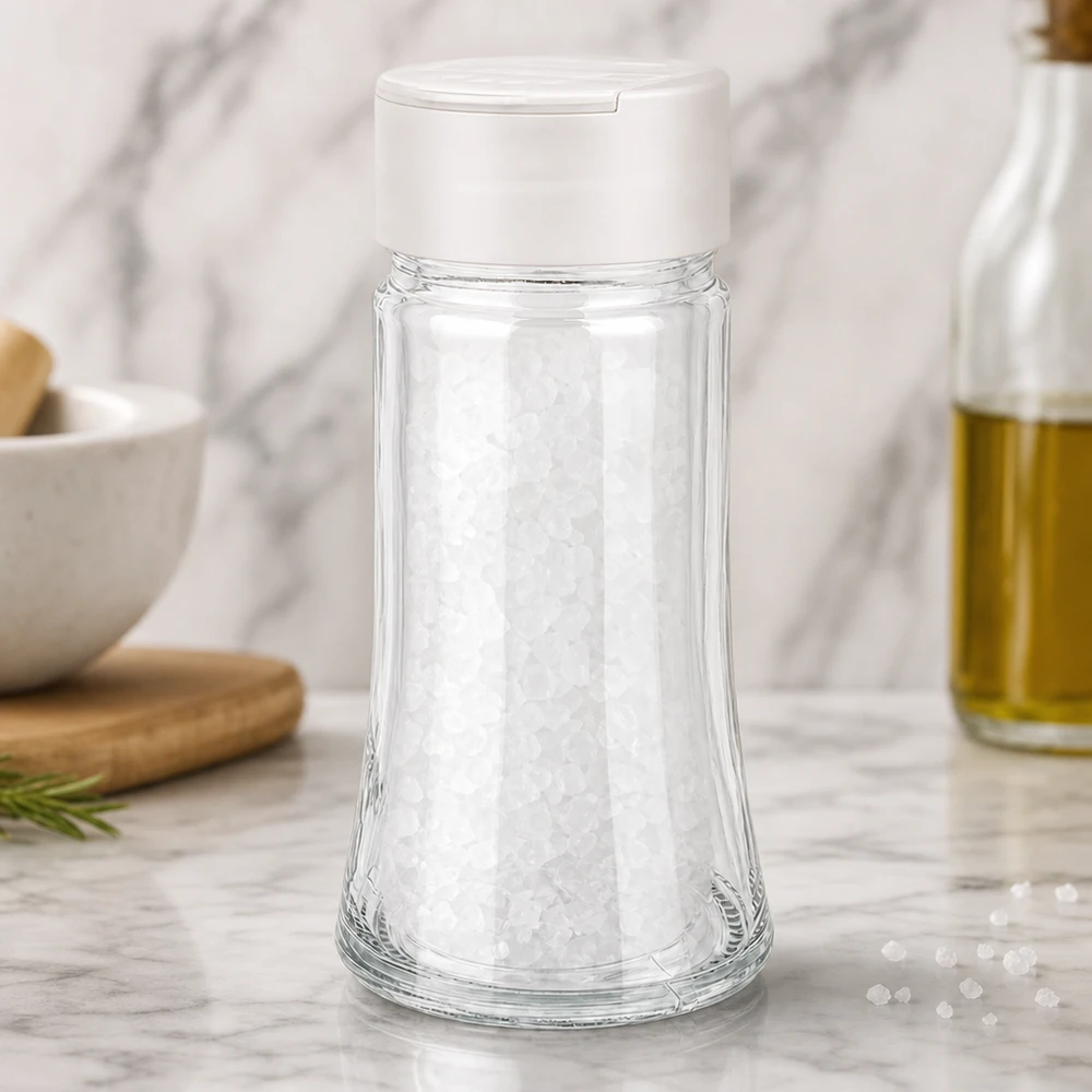 Klares Gewürzglas 95ml konische Form weißer Kunststoffdeckel Doppelstreufunktion Küchendetail
